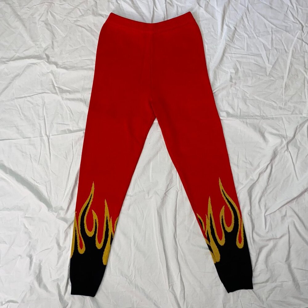 Women's Red Sweatpants with Black and Yellow Flame Design - Rehab Lab
